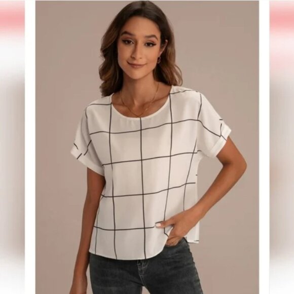 Shein Grid Blouse Rolled Cuff Sleeve Round Neck Size Large - Picture 2 of 7